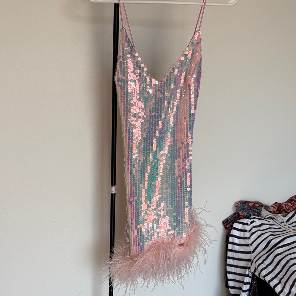 Pink Sequin Mini Dress with Feather Trim